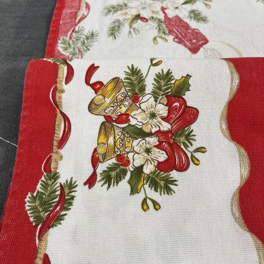 Vintage Table Runner Christmas Mid Century Bells Candles Holly 37” Bnfts Charity